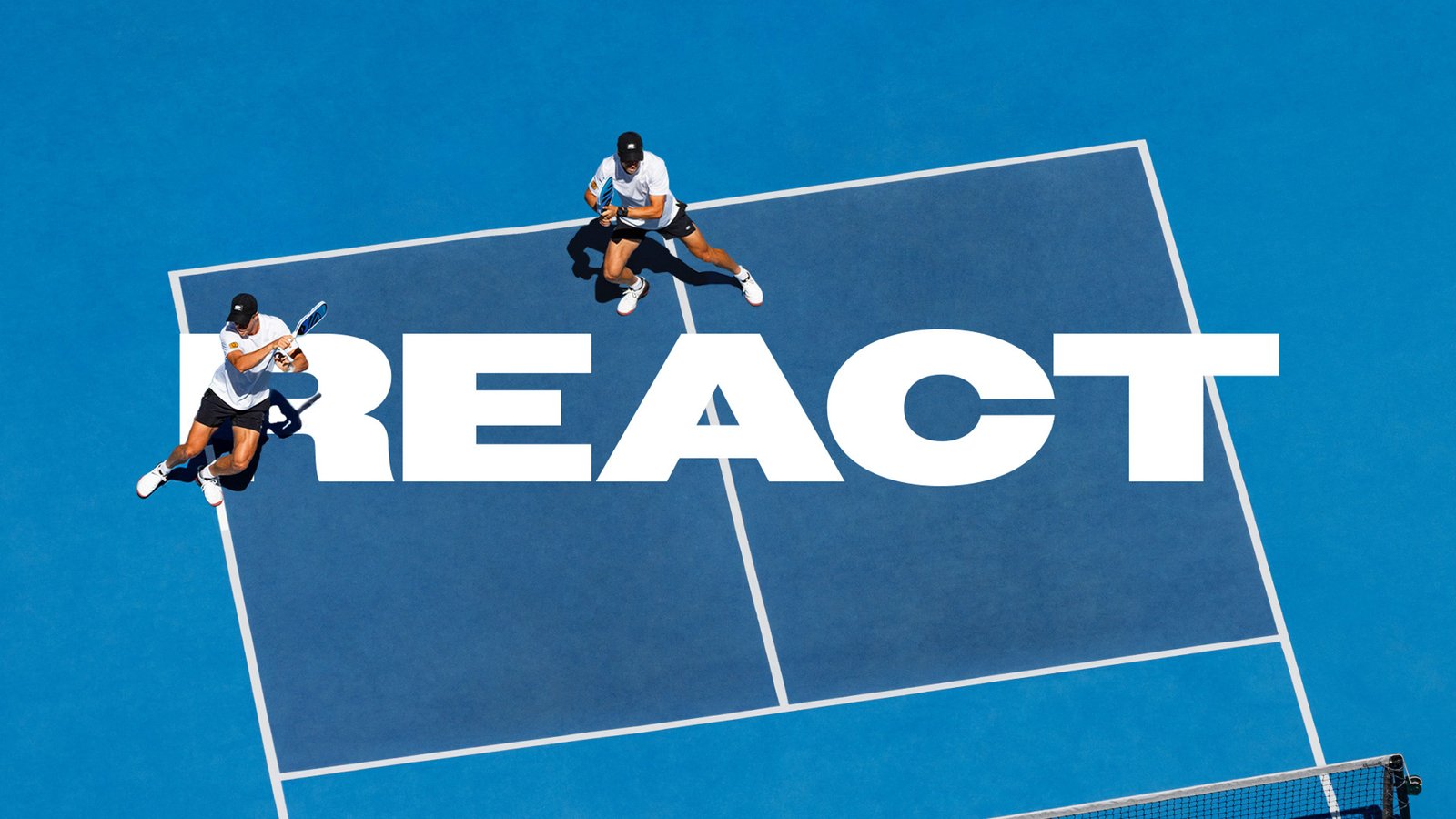 Promotional banner from Apollo Sport featuring an aerial view of a pickleball player transitioning across a blue court with bold text reading REACT.
